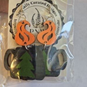 Coffee Mug Camping Hand Painted Earrings Wood Lightweight Cabincore